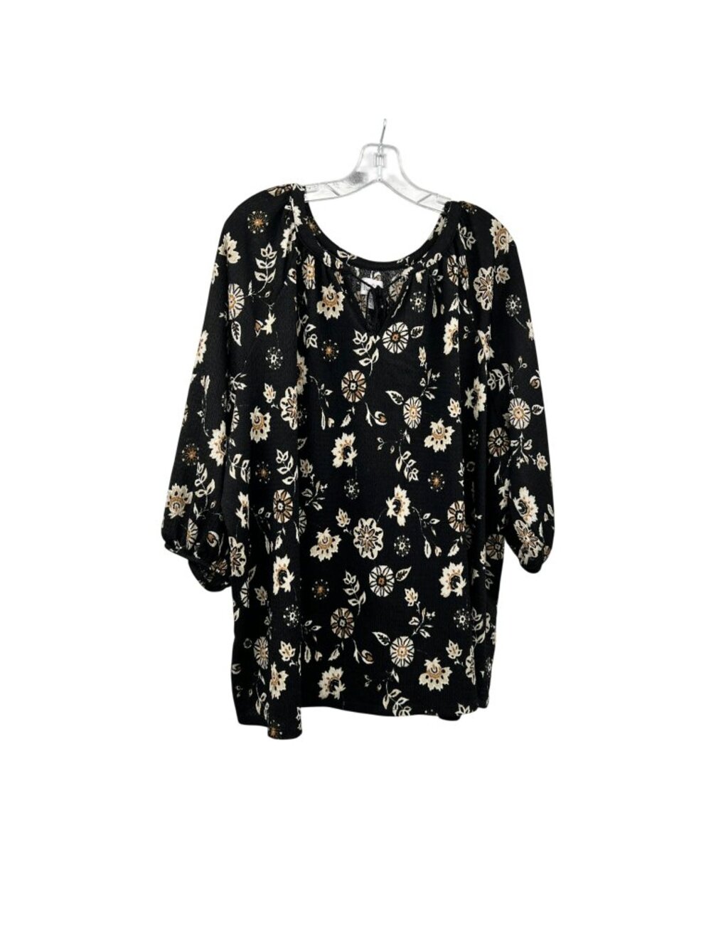 Croft & Barrow Floral Peasant Top 3/4 Sleeve Black/Multi Textured Size 2X